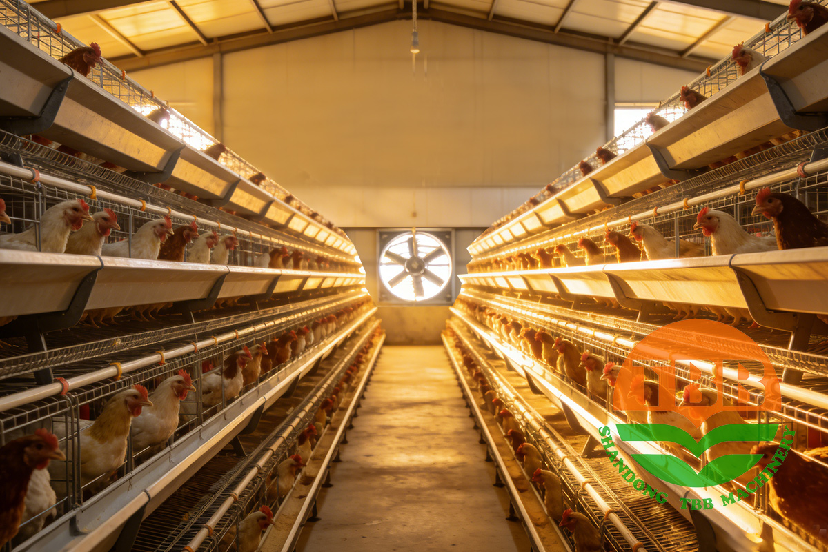 Modern commercial poultry house ventilation system with automated layer cages